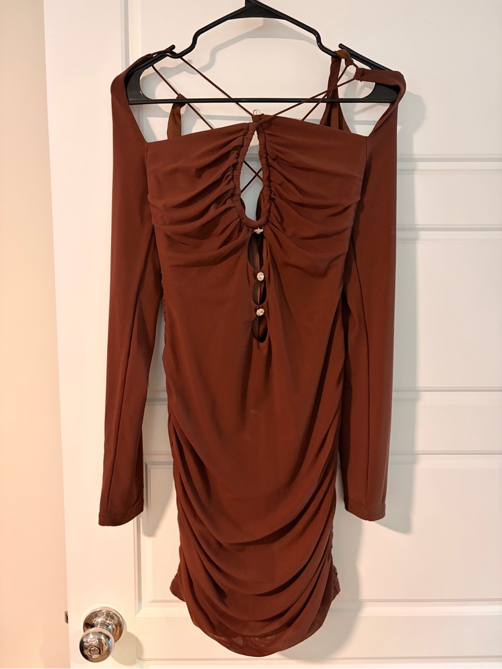 Brown Ruched Long-Sleeve Cutout Dress